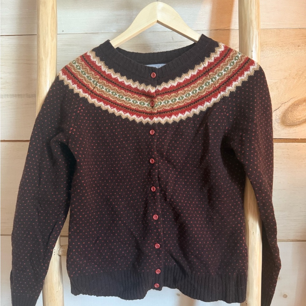 Elegant Lambs wool Fair Isle Brown Cardigan with Multicolor Pattern